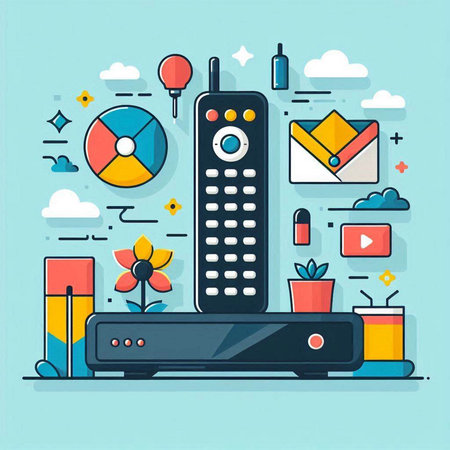 Vector illustration in flat line style - TV remote control with media iconsのイラスト素材