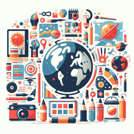 Back to school flat design concept with globe, school supplies and icons. Vector illustrationのイラスト素材