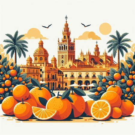 Seville Cathedral and orange fruits. Retro style vector illustration.のイラスト素材