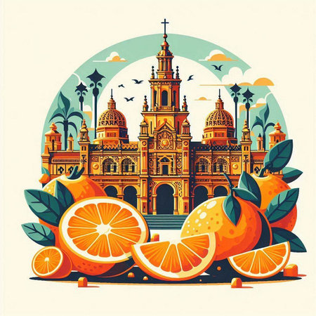 Oranges and Basilica of the Sacred Heart of Jesus. Vector illustrationのイラスト素材