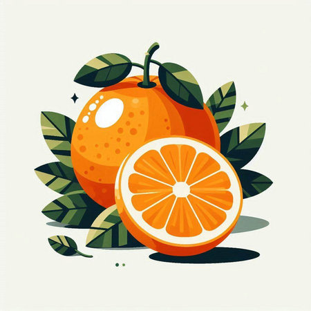 Orange fruit with leaves on a white background. Vector illustration in flat style.のイラスト素材