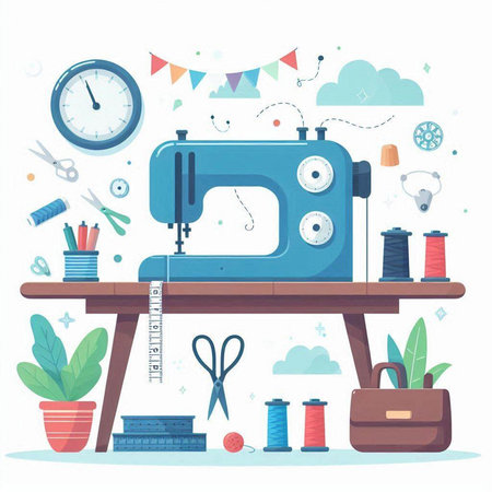 Sewing machine. Sewing workshop. Vector illustration in flat styleのイラスト素材