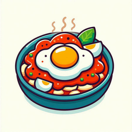 Illustration of a fried egg in a bowl with tomato sauce.のイラスト素材
