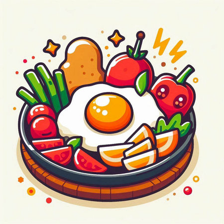 Fried eggs with vegetables and fruits on plate, vector illustration.のイラスト素材