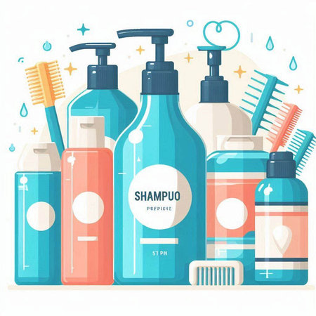 Set of cosmetic products, shampoo, shower gel, lotion, cream, conditioner. Vector illustrationのイラスト素材