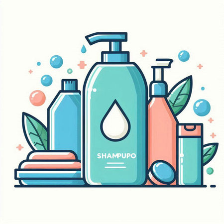 Vector illustration of shampoo, shower gel, soap, liquid soap. Hygiene and cleanliness concept.のイラスト素材