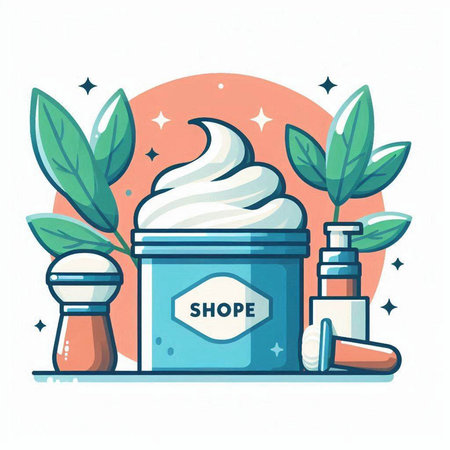 Cosmetic cream jar with dispenser and green leaves. Vector illustration.のイラスト素材