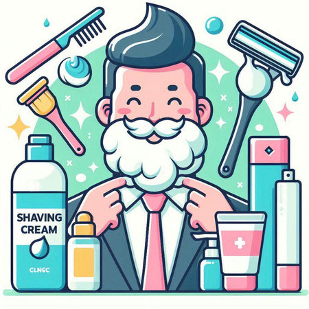 Vector illustration of a man with a beard and mustache in a suit with a set of cosmetic productsのイラスト素材