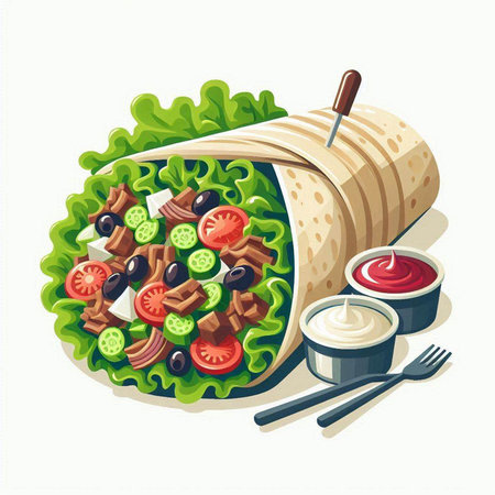 Vector illustration of a mexican burrito with meat and vegetablesのイラスト素材
