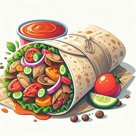 Tortilla wrap with vegetable salad and tomato sauce. Vector illustration.のイラスト素材