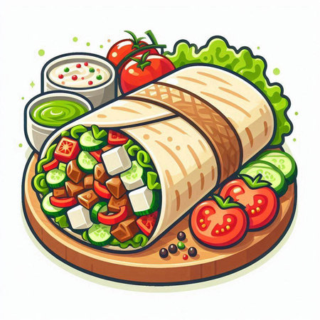 Tortilla with meat, vegetables and sauce. Vector illustration.のイラスト素材