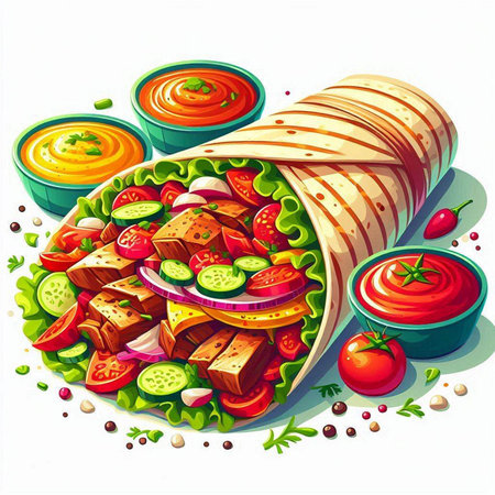 Illustration of a tortilla wrap filled with fresh vegetables and sauceのイラスト素材