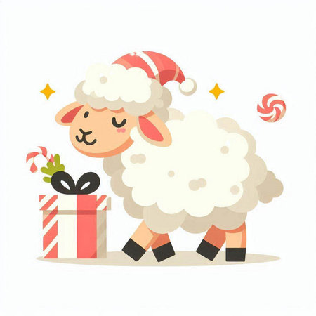 Cute cartoon sheep with christmas gift. Vector illustration in flat styleのイラスト素材
