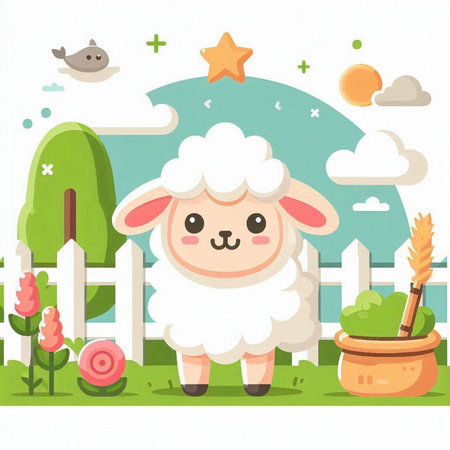 Sheep family in the field. Cute cartoon vector illustration.のイラスト素材