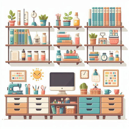 Vector illustration of a set of shelves with different home items and accessories.のイラスト素材