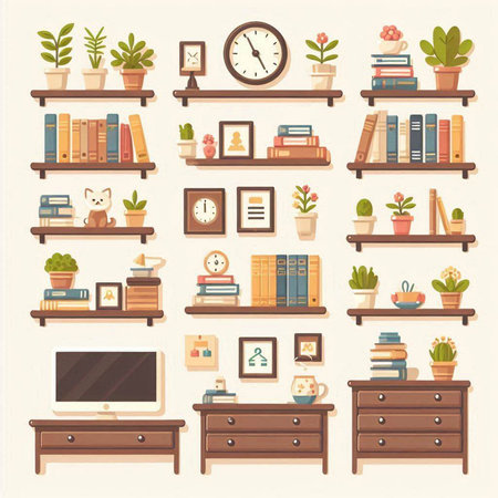 Collection of bookshelves with different home related objects. Vector illustration.のイラスト素材