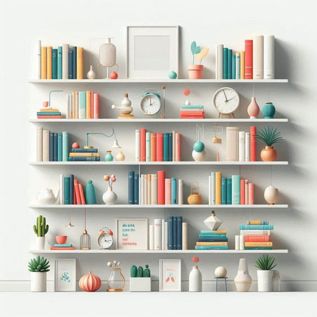 White bookshelf with books and decorations in scandinavian style. 3d renderingのイラスト素材