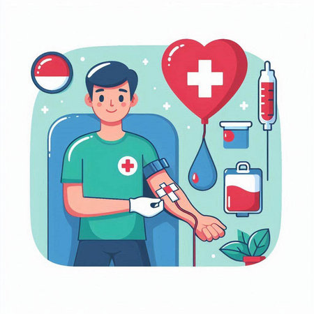 Doctor with blood donation. Vector illustration in flat cartoon style. Health care concept.のイラスト素材