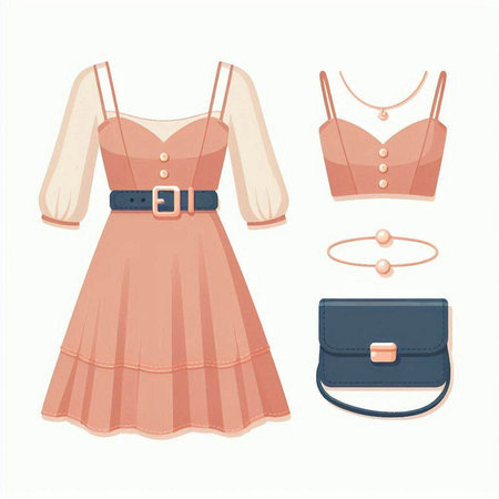 Vector set of women's clothing. Dress, clutch, bag.のイラスト素材