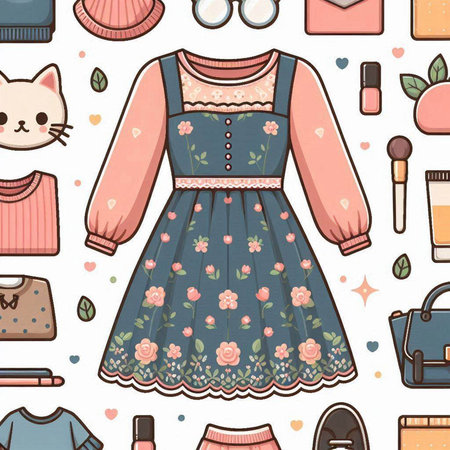 Dress and leaves. Vector illustration in flat linear style on white background.のイラスト素材