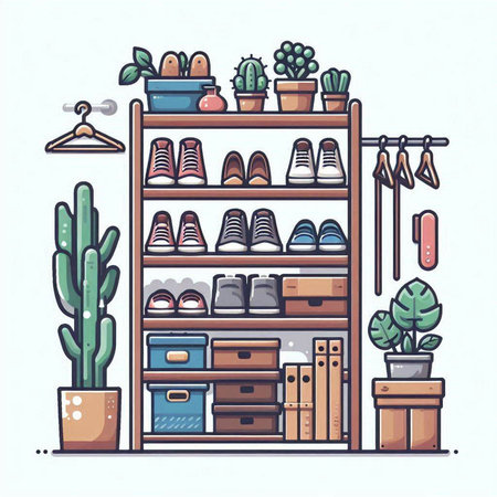 Vector illustration of shelves with different houseplants, shoes and other things.のイラスト素材