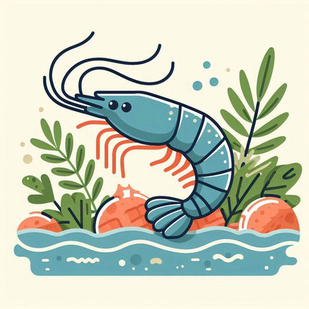 Shrimp in the sea. Vector illustration in a flat style.のイラスト素材