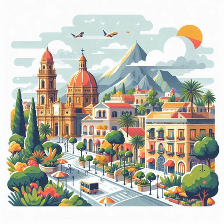 Cityscape of Madrid. Spain. Vector illustration in flat style.のイラスト素材