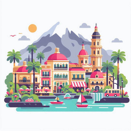 Vector illustration of a modern cityscape with buildings, palm trees and boats.のイラスト素材