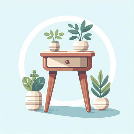 Vector illustration of a wooden table with potted plants on it.のイラスト素材