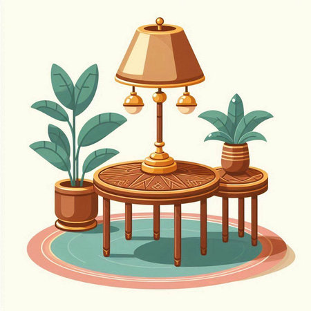 Illustration of a table with a lamp and a plant in a potのイラスト素材