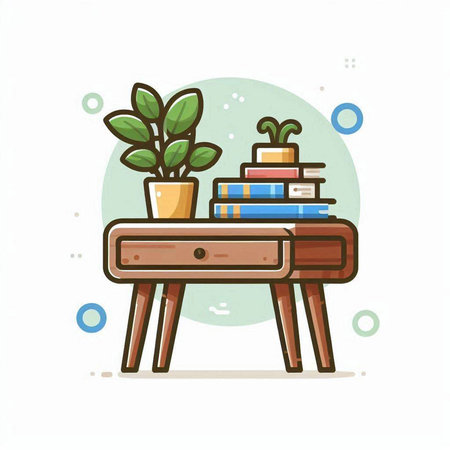 Wooden desk with books and potted plants. Vector illustration.のイラスト素材