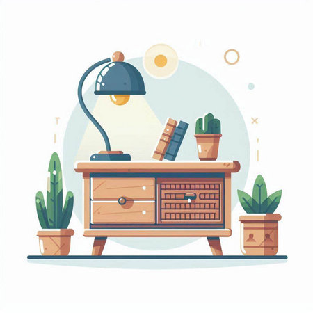Illustration of home interior with furniture, lamp, books and plants. Flat style vector illustration.のイラスト素材