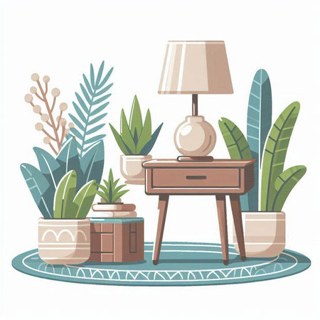 Illustration of a cozy living room with plants and a table lampのイラスト素材