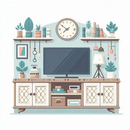 Living room interior with furniture and accessories. Flat style vector illustration.のイラスト素材
