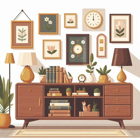 Living room interior with bookshelf and shelves. Vector illustration.のイラスト素材