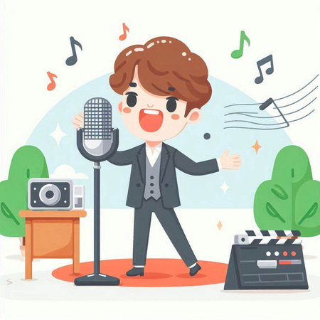 Cute cartoon boy singing karaoke with microphone. Vector illustrationのイラスト素材