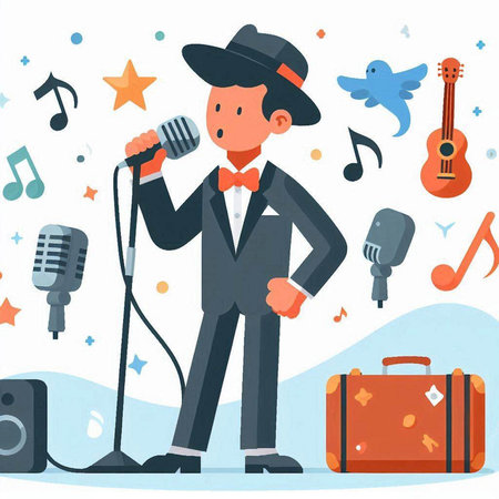 Vector cartoon illustration of a man in a suit and hat singing into a microphone.のイラスト素材