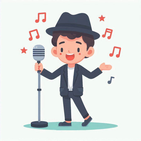 Cute boy singing with microphone. Vector illustration in cartoon style.のイラスト素材