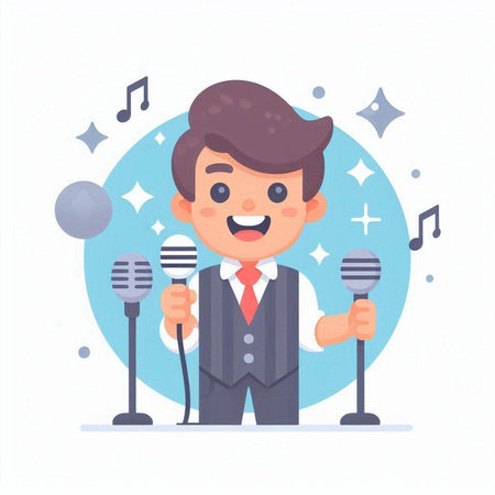 Cute cartoon boy singing karaoke with microphone. Vector illustrationのイラスト素材