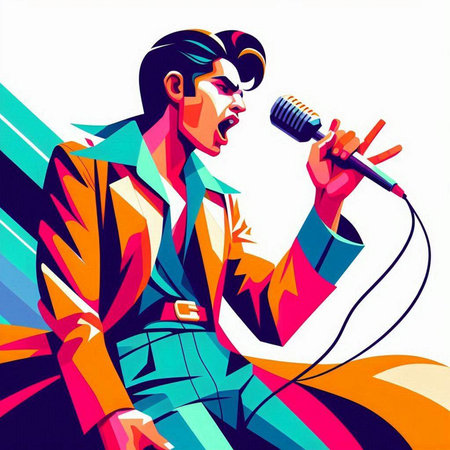 Vector illustration of a young man singing into a microphone in pop art style.のイラスト素材