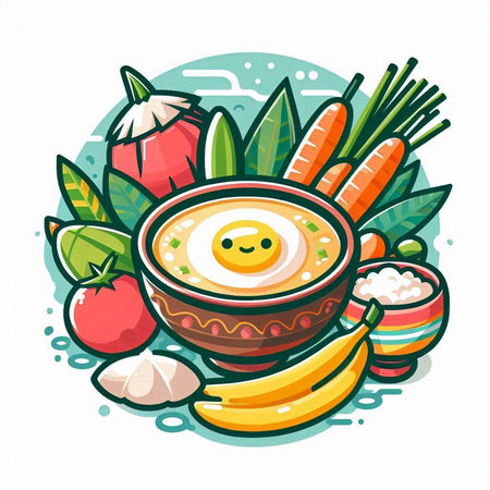 Illustration of traditional Thai food in wooden bowl with ingredients. Vector illustration.のイラスト素材