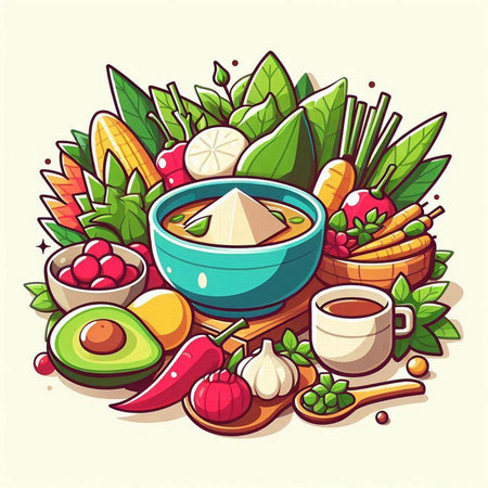 Illustration of a bowl of Thai soup with vegetables and herbs.のイラスト素材