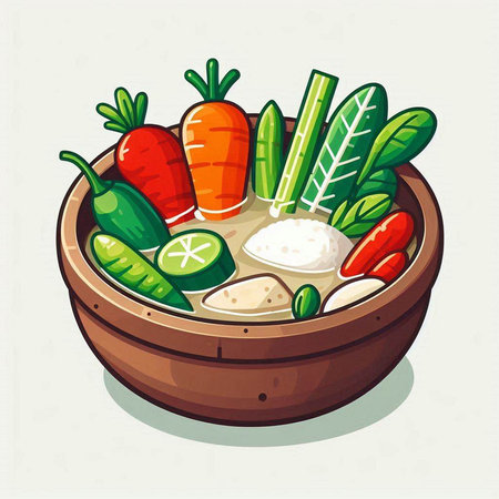 Cartoon vector illustration of a bowl of rice with egg and vegetablesのイラスト素材