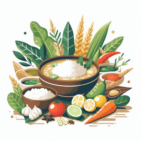 Illustration of a bowl of rice soup with vegetables and spices.のイラスト素材