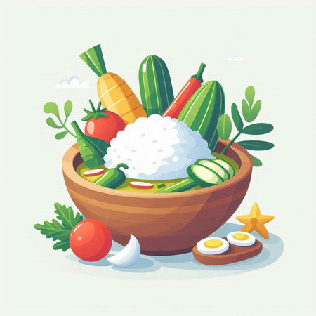 Illustration of a bowl of rice with vegetables, eggs and greensのイラスト素材