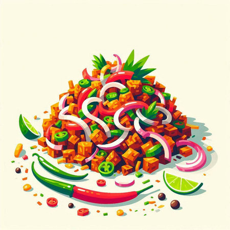 Mexican food illustration with chili pepper, onion and guacamoleのイラスト素材