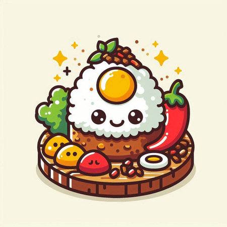 Kawaii vector illustration of rice cake with fried egg and vegetables.のイラスト素材
