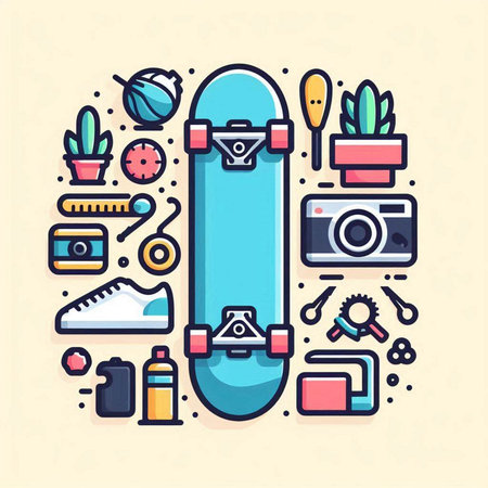 Skateboarding flat line icon set. Skateboarding equipment. Vector illustrationのイラスト素材