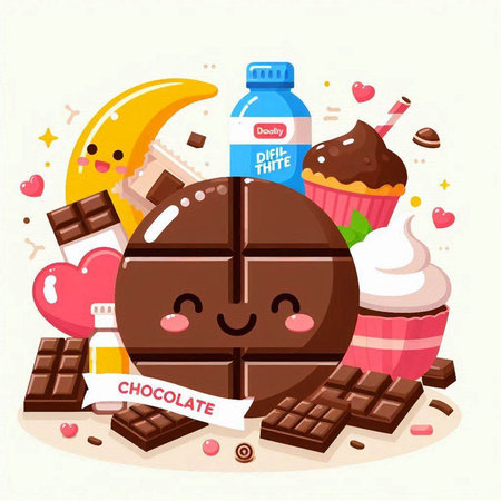 Chocolate bar with sweets, cupcakes and milk. Vector illustration.のイラスト素材