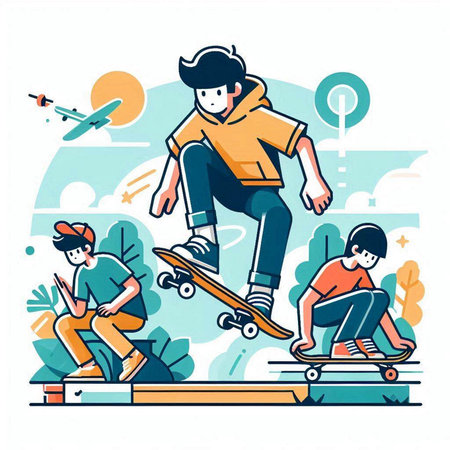 Skateboarders riding on skateboards in the park. Vector illustrationのイラスト素材
